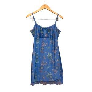 Vintage 90’s Y2K Empire Waist Mesh Lined Mini Floral Print Blue Dress Size M